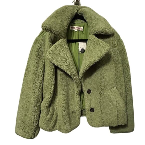 NEW Y2K Free People Joplin Cozy Sherpa Faux Fur Jacket Pistachio Green $198 - Picture 3 of 11